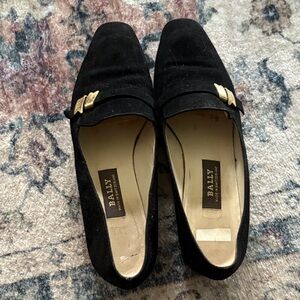 Bally Black Suede Loafers with Gold Hardware